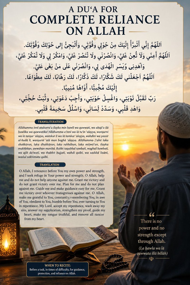 AbdulkarimSZN's tweet photo. A Du'a for Complete Reliance on Allah

«اللَّهُمَّ إِنِّي أَتَبَرَّأُ إِلَيْكَ مِنْ حَوْلِي وَقُوَّتِي، وَأَلْتَجِئُ إِلَى حَوْلِكَ وَقُوَّتِكَ. اللَّهُمَّ أَعِنِّي وَلَا تُعِنْ عَلَيَّ، وَانْصُرْنِي وَلَا تَنْصُرْ عَلَيَّ، وَامْكُرْ لِي وَلَا تَمْكُرْ عَلَيَّ، وَاهْدِنِي وَيَسِّرِ الْهُدَى لِي، وَانْصُرْنِي عَلَى مَنْ بَغَى عَلَيَّ. اللَّهُمَّ اجْعَلْنِي لَكَ شَكَّارًا، لَكَ ذَكَّارًا، لَكَ رَهَّابًا، لَكَ مِطْوَاعًا، إِلَيْكَ مُخْبِتًا، أَوَّاهًا مُنِيبًا. رَبِّ تَقَبَّلْ تَوْبَتِي، وَاغْسِلْ حَوْبَتِي، وَأَجِبْ دَعْوَتِي، وَثَبِّتْ حُجَّتِي، وَاهْدِ قَلْبِي، وَسَدِّدْ لِسَانِي، وَاسْلُلْ سَخِيمَةَ قَلْبِي.»

Transliteration:

Allāhumma innī atabarra'u ilayka min ḥawlī wa quwwatī, wa altaji'u ilā ḥawlika wa quwwatika. Allāhumma aʿinnī wa lā tuʿin ʿalayya, wanṣurnī wa lā tanṣur ʿalayya, wamkur lī wa lā tamkur ʿalayya, wahdinī wa yassir al-hudā lī, wanṣurnī ʿalā man baghā ʿalayya. Allāhumma-jʿalnī laka shakkāran, laka dhakkāran, laka rahhāban, laka miṭwāʿan, ilayka mukhbitan, awwāhan munībā. Rabbi taqabbal tawbatī, waghsil ḥawbatī, wa ajib daʿwatī, wa thabbit ḥujjatī, wahdi qalbī, wa saddid lisānī, waslul sakhīmata qalbī.

Translation:

«O Allah, I renounce before You my own power and strength, and I seek refuge in Your power and strength. 

O Allah, help me and do not help anyone against me. 

Grant me victory and do not grant victory over me. 

Plan for me and do not plan against me.

Guide me and make guidance easy for me.

Grant me victory over whoever transgresses against me. 

O Allah, make me grateful to You, constantly remembering You, in awe of You, obedient to You, humble before You, ever turning to You in repentance.

 My Lord, accept my repentance, wash away my sins, answer my supplication, strengthen my proof, guide my heart, make my tongue truthful, and remove all rancor from my heart.»

Āmīn.