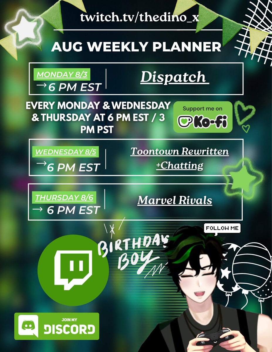 thydinox's tweet photo. Schedule Drop 8/3 through 8/6 @ 6 pm EST- IT IS MY BIRTHDAY MONTH!! 💚 I may do another birthday stream this year, probably a few days before, since I will be out of town on 8/16 
https://t.co/GKlH2d0Pug 
#vtuber #fyp #twitchtv https://t.co/aJPFDisRXB