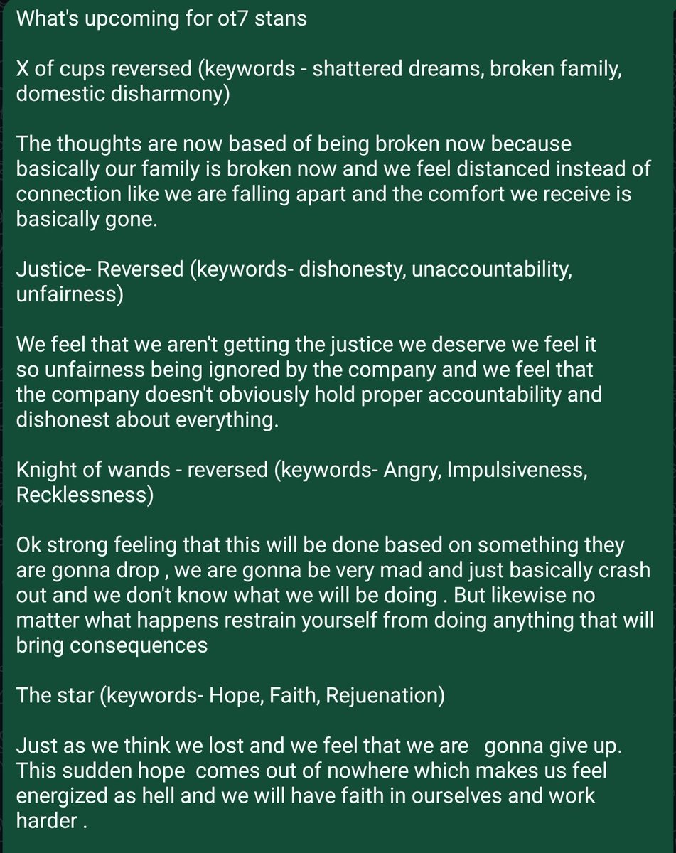 ot7realcore's tweet photo. Ok my baby ot7 stans , I did a reading and I want you all to read it (if you don't believe in tarot that's fine , you can take it as hopium 🩷)
You all are doing so well now I'm proud of each one of you. Keep up the high energy and just like that we will win 🩷🫳🏼 https://t.co/cB6r3uKea3