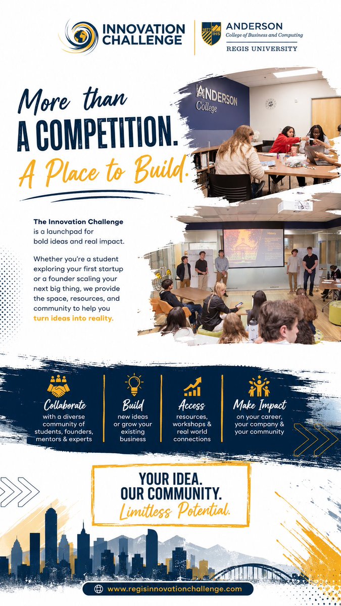 RegisInnovation's tweet photo. The best ideas don't always start with a company. Sometimes they start with a conversation, a class project, or a problem worth solving.

The Innovation Challenge provides a place where students, founders, and innovators can collaborate, build, and grow. https://t.co/a2BeSKX7YN