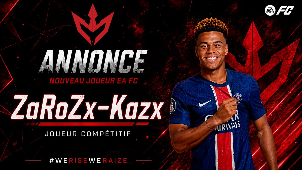 RaizeEsport's tweet photo. 👀 Attention… une annonce peut en cacher une autre.

Après l'arrivée de @Neyzo_jrr, il est temps de souhaiter la bienvenue à notre deuxième recrue : 🎮 @Zarozx_kazx ❤️🖤

Bienvenue dans la famille ! Nous avons hâte de te voir défendre nos couleurs. 🔥

#WeRiseWeRaize #EAFC https://t.co/WqZofWiWnS
