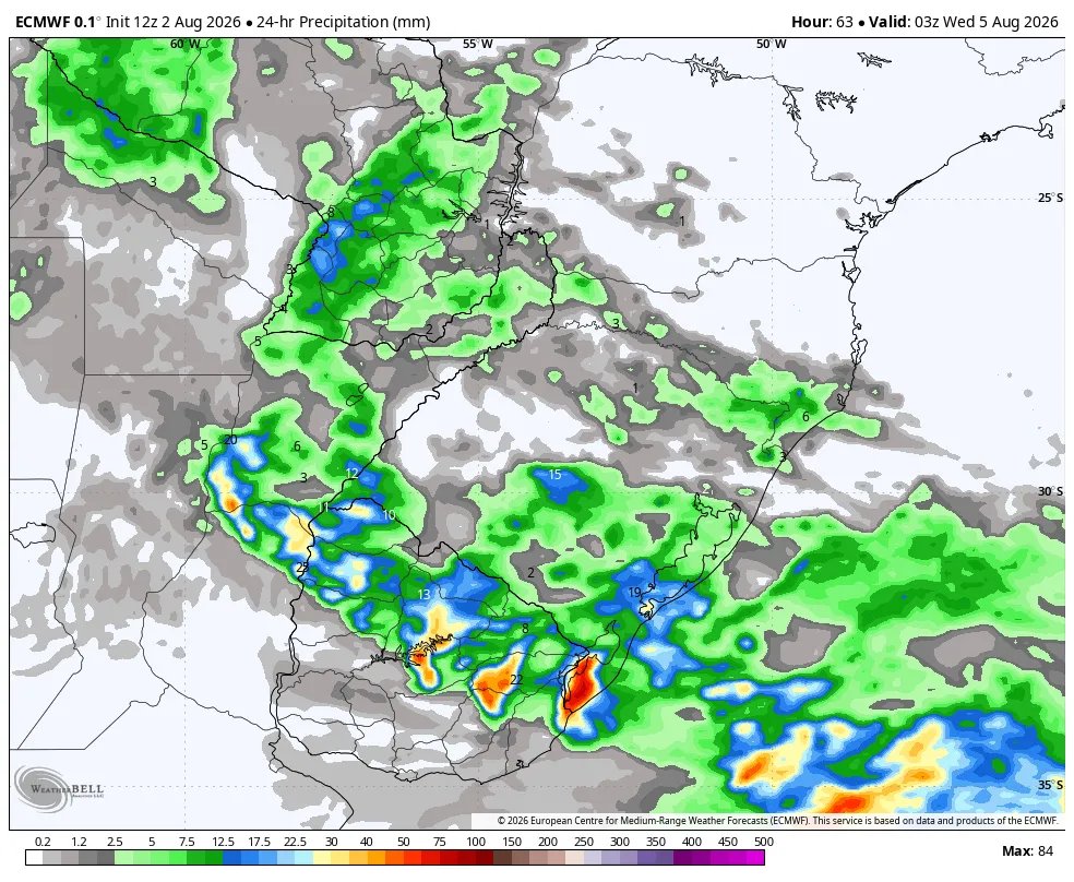 TempoSLeopoldo's tweet photo. Mapas mostram as estimativas de chuva acumulada diária no sul do Brasil entre segunda e quinta-feira conforme a rodada das 12h UTC do modelo IFS (ECMWF). https://t.co/V7dyrI1fuB