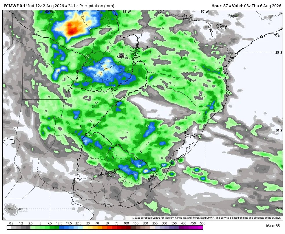 TempoSLeopoldo's tweet photo. Mapas mostram as estimativas de chuva acumulada diária no sul do Brasil entre segunda e quinta-feira conforme a rodada das 12h UTC do modelo IFS (ECMWF). https://t.co/V7dyrI1fuB