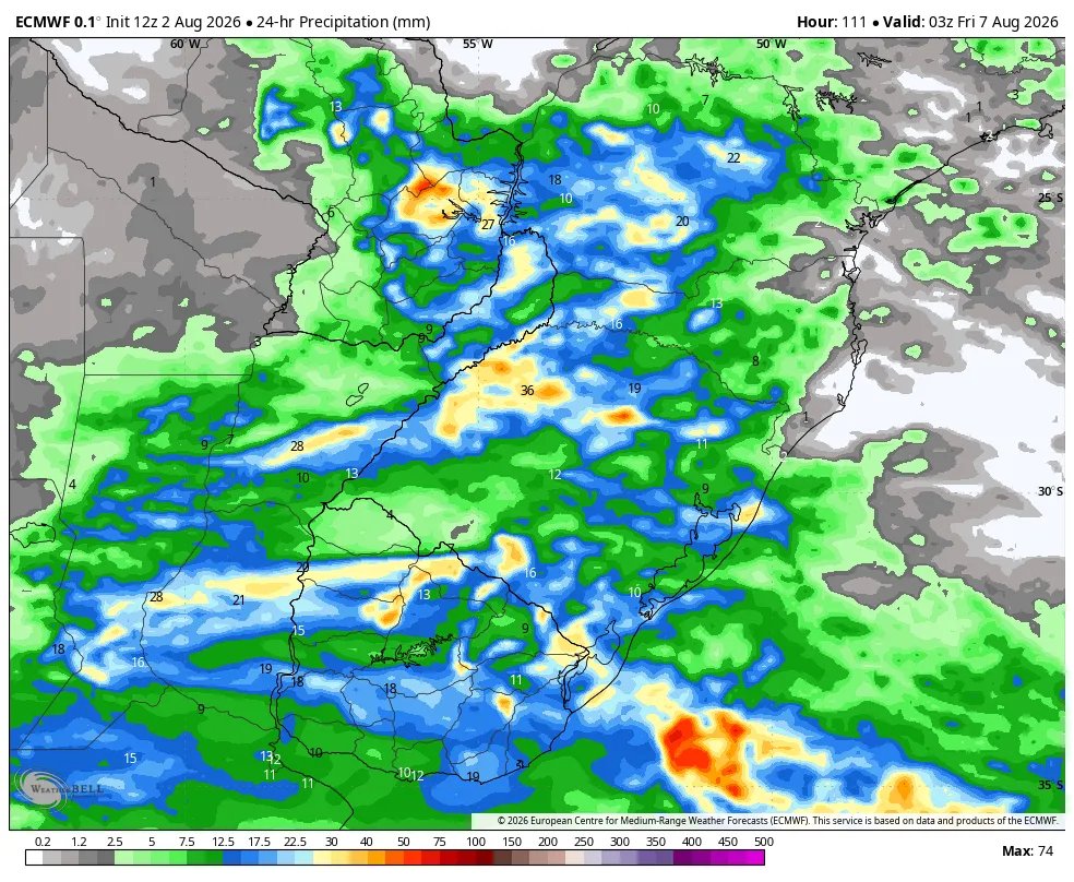 TempoSLeopoldo's tweet photo. Mapas mostram as estimativas de chuva acumulada diária no sul do Brasil entre segunda e quinta-feira conforme a rodada das 12h UTC do modelo IFS (ECMWF). https://t.co/V7dyrI1fuB