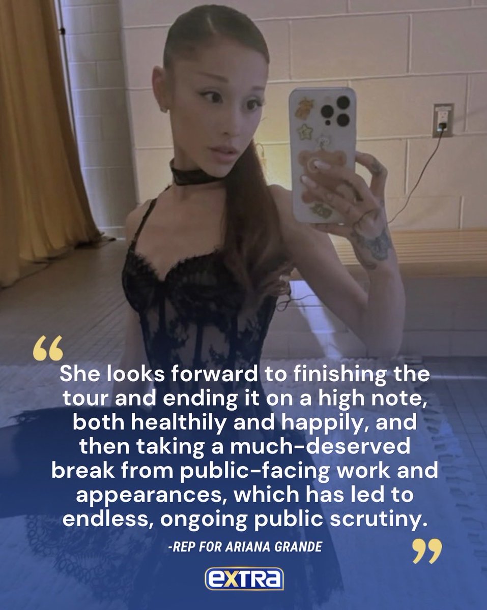 extratv's tweet photo. Ariana Grande is stepping back from the public spotlight when she competes her Eternal Sunshine Tour, her rep says, amid growing scrutiny about the singer’s health and appearance. 

A representative for Grande tells People, “Ariana will be taking a step back from visibility after she completes the Eternal Sunshine Tour.”

The rep continues, “She looks forward to finishing the tour and ending it on a high note, both healthily and happily, and then taking a much-deserved break from public-facing work and appearances, which has led to endless, ongoing public scrutiny. This tour has been a beautiful experience for her. She loves her fans and has loved every minute of this tour so much.”

(📸: Instagram)