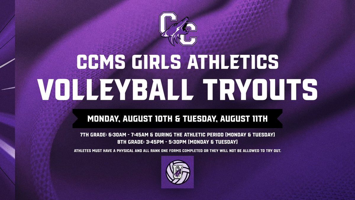 AnnaCCMSSports's tweet photo. Volleyball season is almost here! 🏐

Tryouts begin Monday, August 10th, and continue Tuesday, August 11th. Remember to complete your physical and Rank One forms before hitting the court! 🏐💜 https://t.co/K9TwoCOMvo