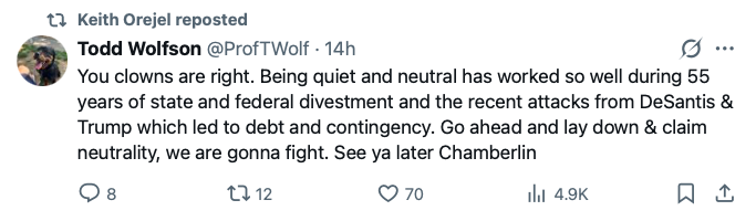 BrendanNyhan's tweet photo. Um, think hard about who will win this "fight." 

Both can be true:
-Higher ed is threatened and under attack, esp. from the right.
-AAUP formally becoming a factional Dem constituency that wants to "fight" makes the problem worse, not better. Most students go to public unis! https://t.co/wZL17ArYrn