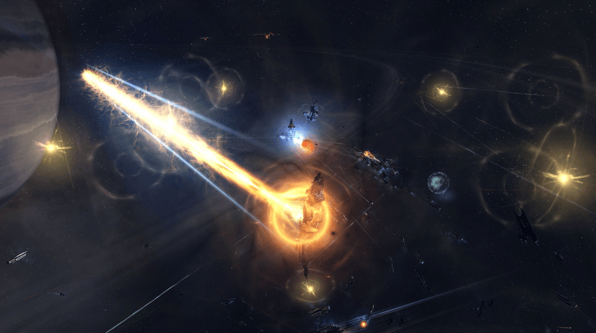 EveOnline's tweet photo. The Abhazon brawl did not disappoint! Just under 2,000 capsuleers showed up and destroyed a whopping 700B ISK!

Warlock Industries was there getting some great footage 📸 

What's the largest fight that you have been in (or stumbled across?) https://t.co/Tgmr22yJxt