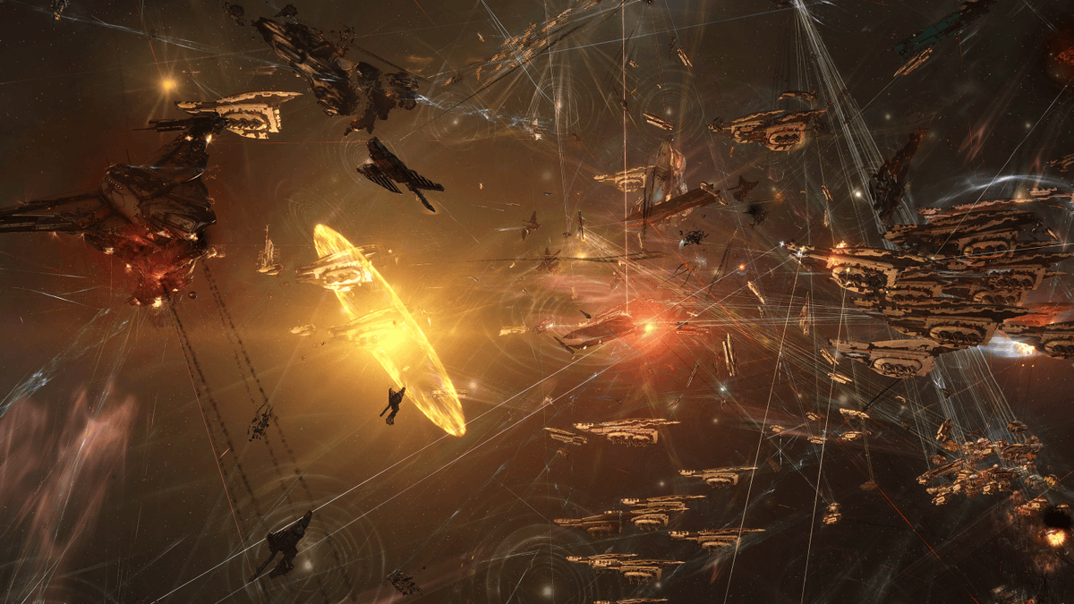 EveOnline's tweet photo. The Abhazon brawl did not disappoint! Just under 2,000 capsuleers showed up and destroyed a whopping 700B ISK!

Warlock Industries was there getting some great footage 📸 

What's the largest fight that you have been in (or stumbled across?) https://t.co/Tgmr22yJxt