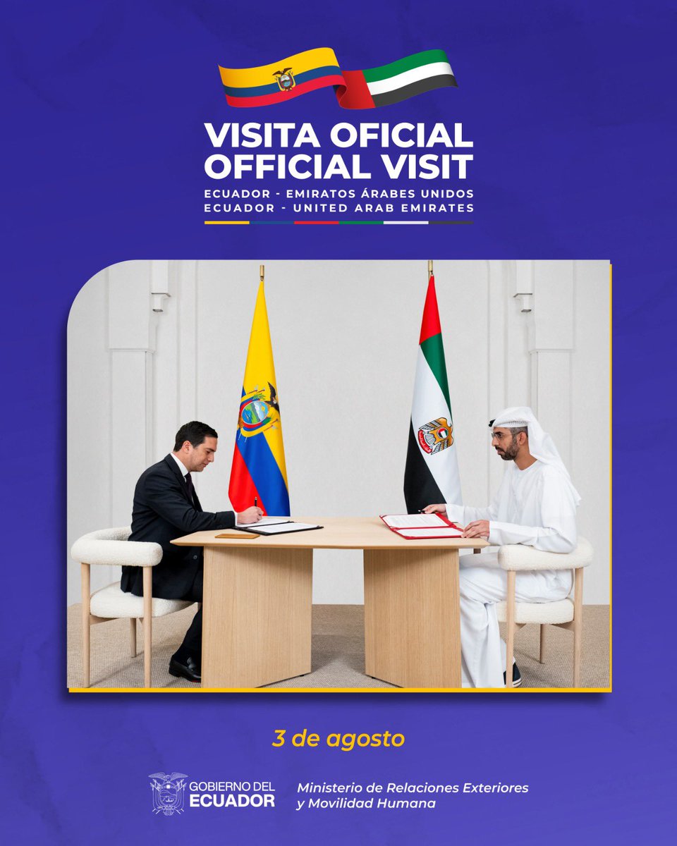 CancilleriaEc's tweet photo. 🇪🇨🤝🇦🇪
Este lunes 3 de agosto, la @Cancilleria recibirá a Su Excelencia Omar Sultan Al Olama, ministro de Estado de los Emiratos Árabes Unidos.

Ecuador se prepara para un encuentro de alto nivel que fortalecerá la cooperación bilateral y abrirá nuevas oportunidades en materia de innovación.

Desliza y conoce los aspectos más relevantes. ➡️