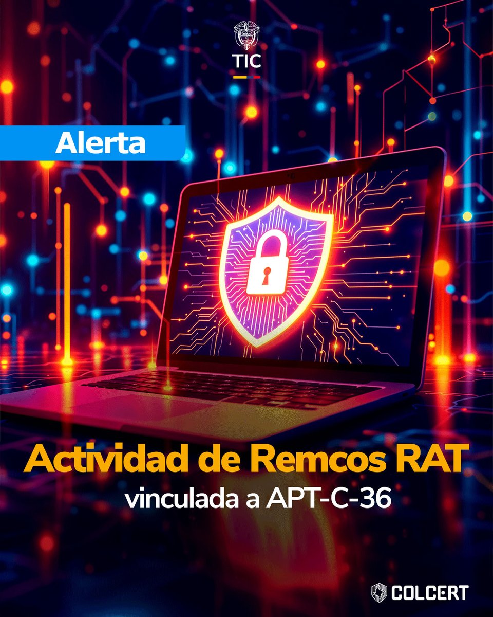 colCERT's tweet photo. El #ColCERT alerta sobre actividad de Remcos RAT vinculada a APT-C-36, una amenaza que emplea campañas de phishing para comprometer sistemas.🚨
Fortalece tus medidas de protección y consulta nuestras recomendaciones.🖱️https://t.co/W57tsqyj3V
#AlertaDeSeguridad #MinTic https://t.co/XP5hBYrPWt