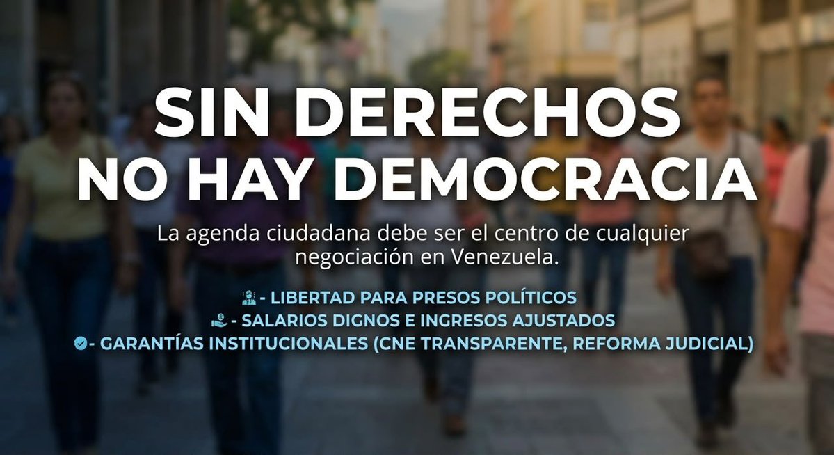FundehullanVzla's tweet photo. Sin derechos no hay democracia: La agenda ciudadana debe ser el centro de cualquier negociación en Venezuela. 

Ante los anuncios sobre el proceso de diálogo entre factores de la oposición y el oficialismo,  desde @FundehullanVzla reiteramos que la ruta hacia la restitución de la democracia y el Estado de Derecho en Venezuela exige condiciones claras. 

Un diálogo legítimo y genuino no puede darse a espaldas del ciudadano. Para avanzar hacia una verdadera transición democrática, la mesa de negociación debe asumir como prioridad:

  📌 Libertad plena para todas las personas privadas de libertad por motivos políticos.

📌 Salarios dignos e ingresos ajustados a la realidad económica.

📌 Garantías institucionales: Reforma judicial profunda y un CNE transparente que garantice elecciones libres.

La recuperación de Venezuela pasa inevitablemente por la restitución de los derechos y la dignidad de su gente.