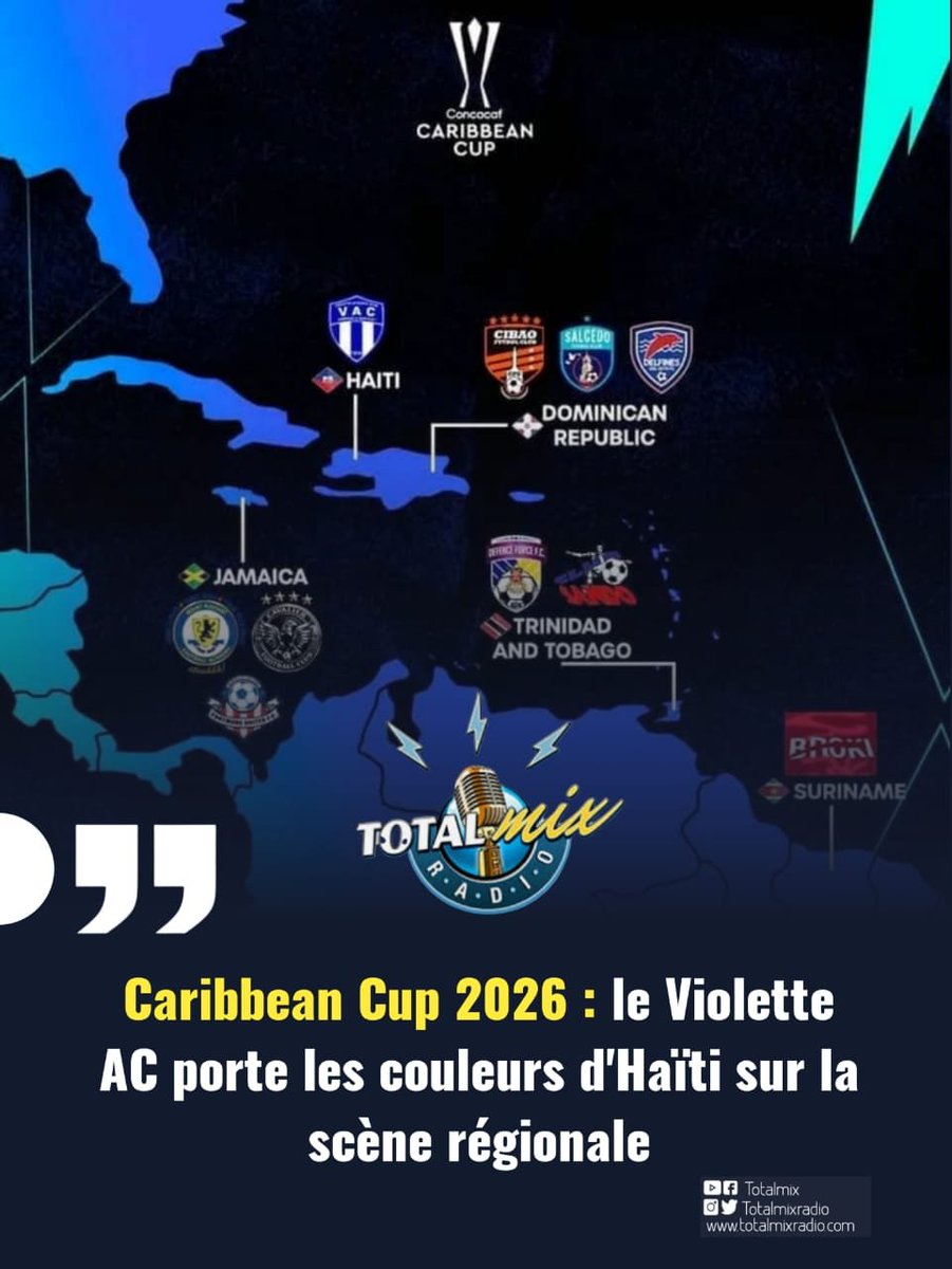 TOTALMIX2's tweet photo. La Caribbean Cup 2026 est officiellement lancée. Dix clubs issus de cinq nations se disputent le prestigieux trophée régional, avec en prime une qualification pour la Concacaf Champions Cup 2027.

Unique représentant d'Haïti dans cette compétition, le Violette Athletic Club aura la lourde responsabilité de défendre les couleurs nationales face aux meilleures formations de la Caraïbe. 

Après une préparation achevée sur une note positive, le club bleu et blanc abordera ce rendez-vous avec l'ambition de faire rayonner le football haïtien et de se frayer un chemin vers le sommet de la région.