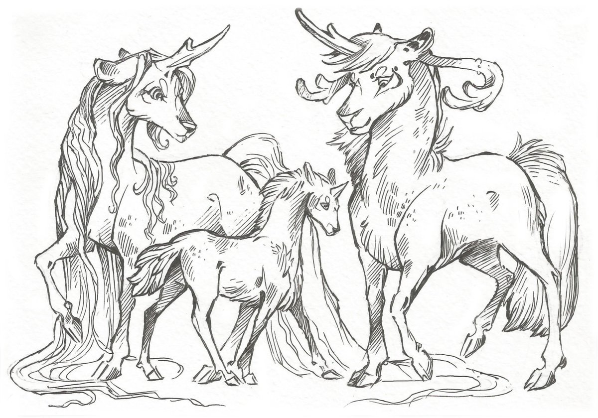 Taski_Guru's tweet photo. Line art of fantasy family equine characters
#lineart #horseoc #hybrid #line_art #foal #deeroc #unicornoc https://t.co/FfQETBUcSv