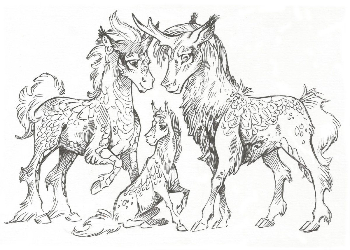 Taski_Guru's tweet photo. Line art of fantasy family equine characters
#lineart #horseoc #hybrid #line_art #foal #deeroc #unicornoc https://t.co/FfQETBUcSv