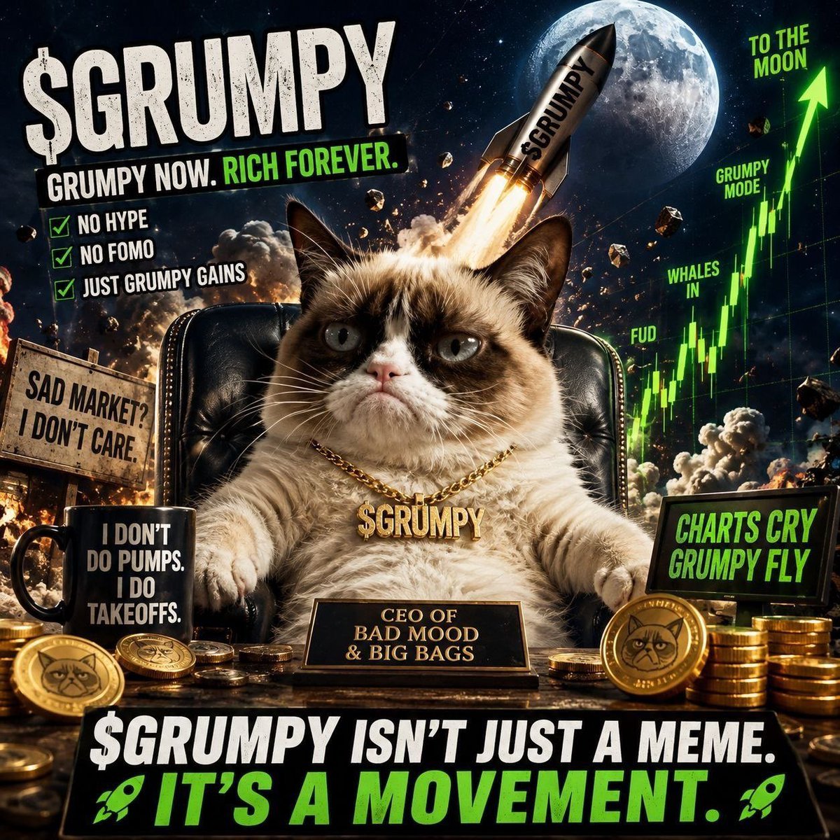 GrumpPumpSol's tweet photo. $Grumpy Week 3 Update

Whoops that didn’t work as intended. People are grumpy finding out about the contest towards the end so we’re going to extend it a week!

📝 The rules: 
-> Follow X 
-> Enter memes into this community
-> 10 Most viral memes on the “Trending” page of the community will win a prize (prizes linked in TG pinned message) 

Big things are coming! The cat is grumpy the coin is cheap. If you’ve been rugged and you’re grumpy about it join the club. 

Like and share this post and good luck to everyone fighting for the top 10!