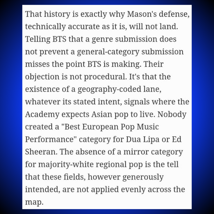 TheePopCore's tweet photo. Forbes on the Grammys' new “Best Asian Pop Music Performance” category:

— “Nobody created a ‘Best European Pop Music Performance’ category for Dua Lipa or Ed Sheeran.” https://t.co/ZokXCIANue