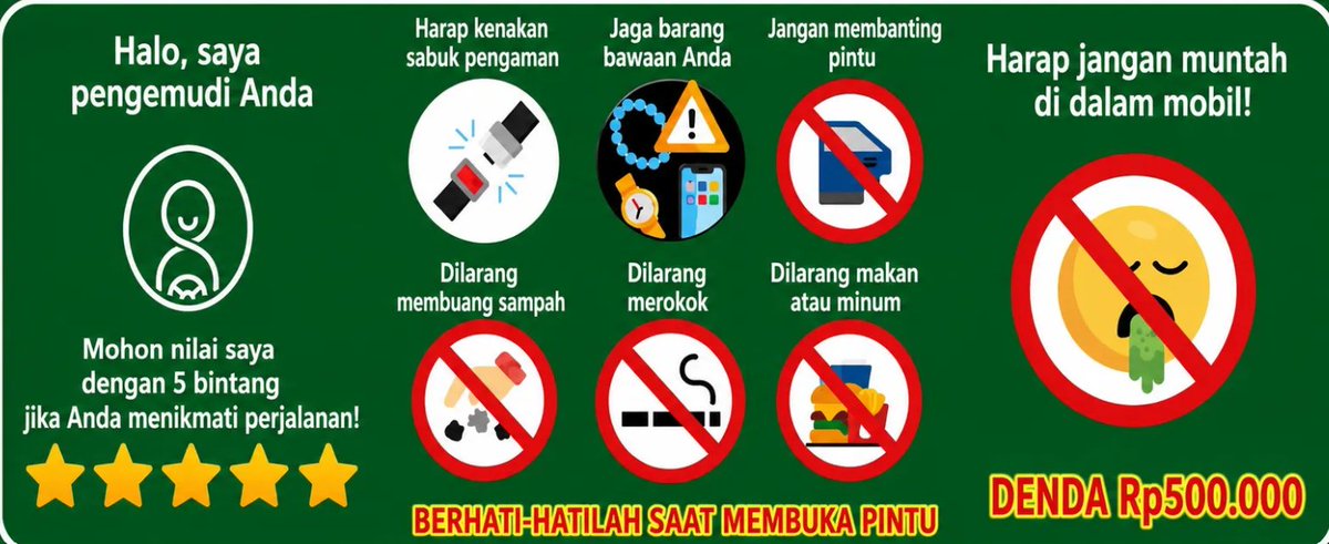 txtharihariWNI's tweet photo. Plenger lagi... Plenger lagi... Penumpang PLENGER nggak abis-abis... 😭

Gw udah bikin himbauan, salah satunya muntah di dalam kendaraan denda Rp500.000,-.

Dapet order GoCar XL, pertama kapasitas barang melebihi ketentuan, kedua penumpang minta ga usah pake AC krn anaknya mabukan.

Gw udah pastiin, “Jangan sampe muntah ya, tolong dibaca syarat & ketentuan.”

2 km lagi sampai tujuan, anaknya muntah!

Gw bilang, “Kalo ga mau bayar denda, tolong langsung dibersihkan semua bagian interior yg kena muntahan.”

Salah satu dari penumpang bilang kalo saya DZOLIM!

Katanya, “Mas ini dzolim loh, masa muntah di dalam mobil denda setengah juta? Jangan cari kesempatan, Mas!”

Gw jawab, “Siapa yg dzolim? Saya atau anda? Kalo penumpang muntah, interior kotor & bau otomatis saya ga bisa narik lagi, putus rejeki saya hari ini krn harus ke salon mobil & silakan anda cari tau berapa biaya cuci interior mobil! Di Mangunjaya-Tambun paling murah ya 500 ribu, ga percaya? Ayo kita sama-sama ke sana!”

Orangtua si anak yg muntah ngomong, “Nanti saya bersihkan ya, Mas. Kalo emang ga bisa dibersihin saya bayar dendanya, saya tanggungjawab. Mohon maaf ya, Mas.”

Di akhir perjalanan, gw parkir dulu di tempat yg sekiranya ga ganggu lalu lintas & penumpang itu bersihin interior kendaraan gw.

Untungnya gw sedia air sabun, gw kasih air sabun itu buat hilangin noda & kotoran muntahan anaknya.

Menurut kalian, kalau penumpang muntah di kendaraan dan sudah ada aturan denda sebelumnya, lebih fair bayar denda atau membersihkan sendiri sampai benar-benar bersih?