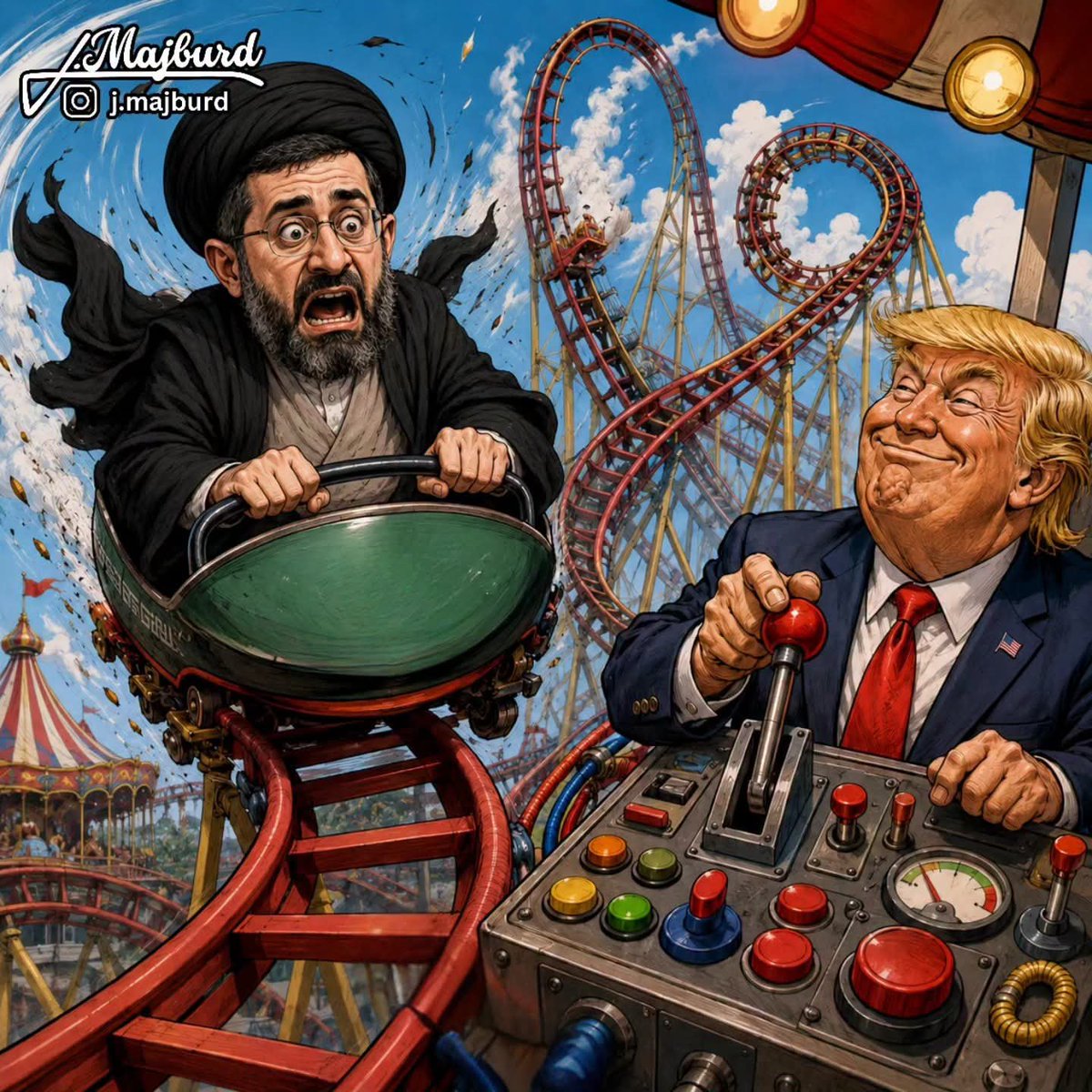 NakamCyberForce's tweet photo. #Trump’s wild ride.... (while losing the war).🙄

#incompetence #Iran ©#JonathanMajburd https://t.co/btRPF8C7Hs