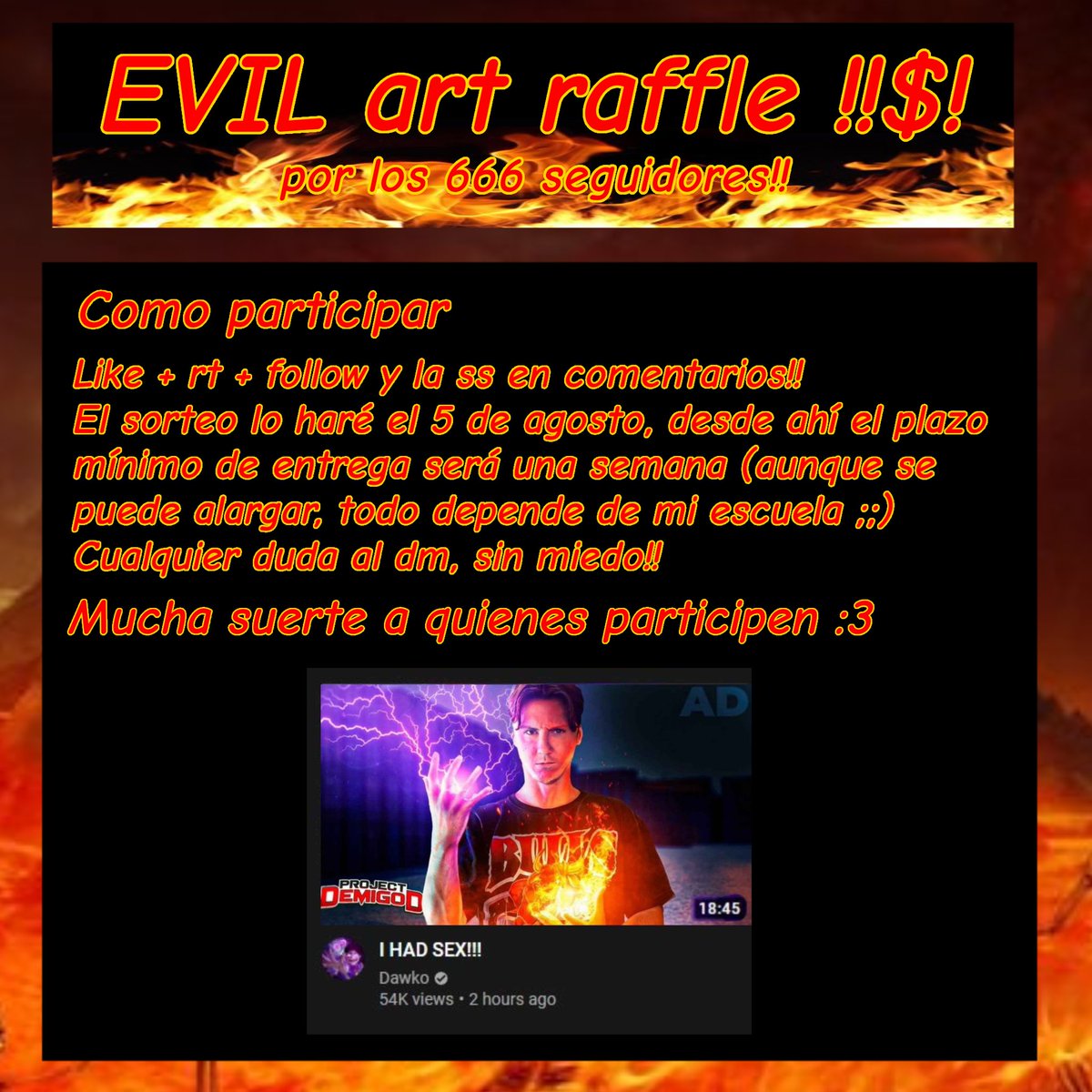 momazosrex777's tweet photo. evil ART RAFFLE POR LOS 666+ !! De verdad agradezco a todos los que me siguen aquí aaa no se que seria de mi sin ustedes;;
Mucha suerte guys!! https://t.co/PAyosRlTCS