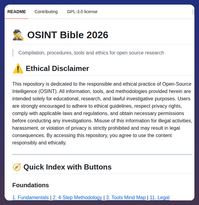 조사 연구를 위해 35개 섹션에 걸쳐 450개 이상의 OSINT 도구 및 윤리 지침을 컴파일함 대표 이미지