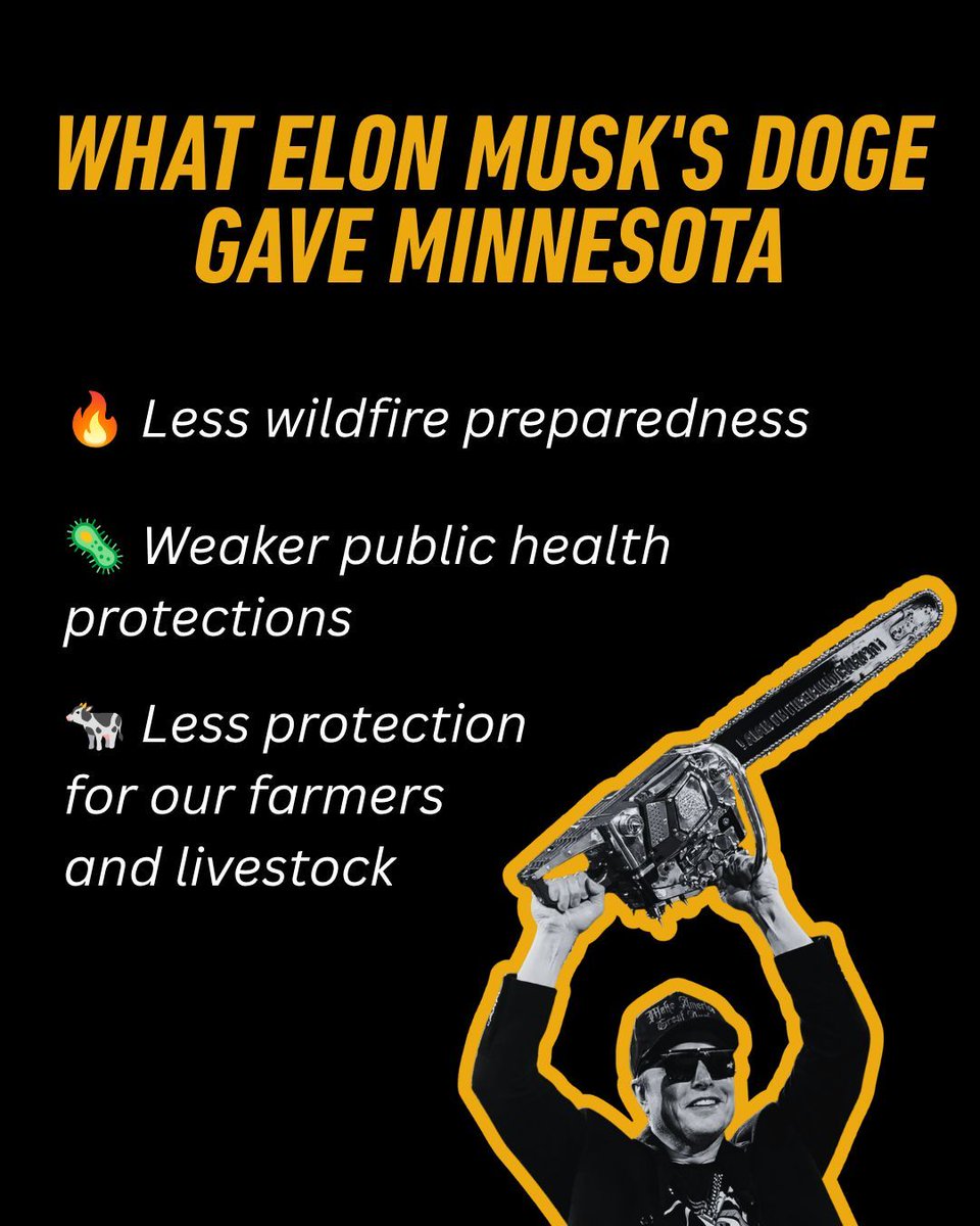 proj_true_north's tweet photo. What Elon Musk's DOGE gave Minnesota:

🔥 Less wildfire preparedness.
🦠 Weaker public health protections.
🐄 Less protection for our farmers and livestock. https://t.co/xOjWAoWwyh