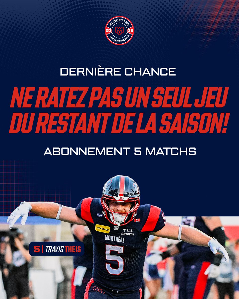 MTLAlouettes's tweet photo. ⏰ C'est maintenant ou jamais!
Procurez-vous votre abonnement 5 matchs et vivez chaque moment du reste de la saison avec nous.

��️ https://t.co/24hsKHbVH2
--
⏰ Now or never!
Lock in your 5-Game Membership and experience every moment of the rest of the season with us.

🎟️ https://t.co/R1u53EEtNE