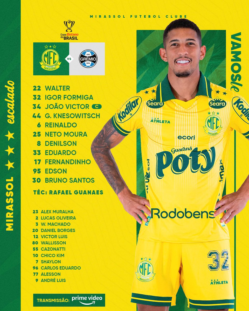 mirassolfc's tweet photo. Leão escalado para o jogo de ida das oitavas de final da Copa Betano do Brasil! 🦁

#TudoRealizado #UmDiaFoiSonhado #PrazerMirassolFC #SérieA https://t.co/iveh3vf1o2