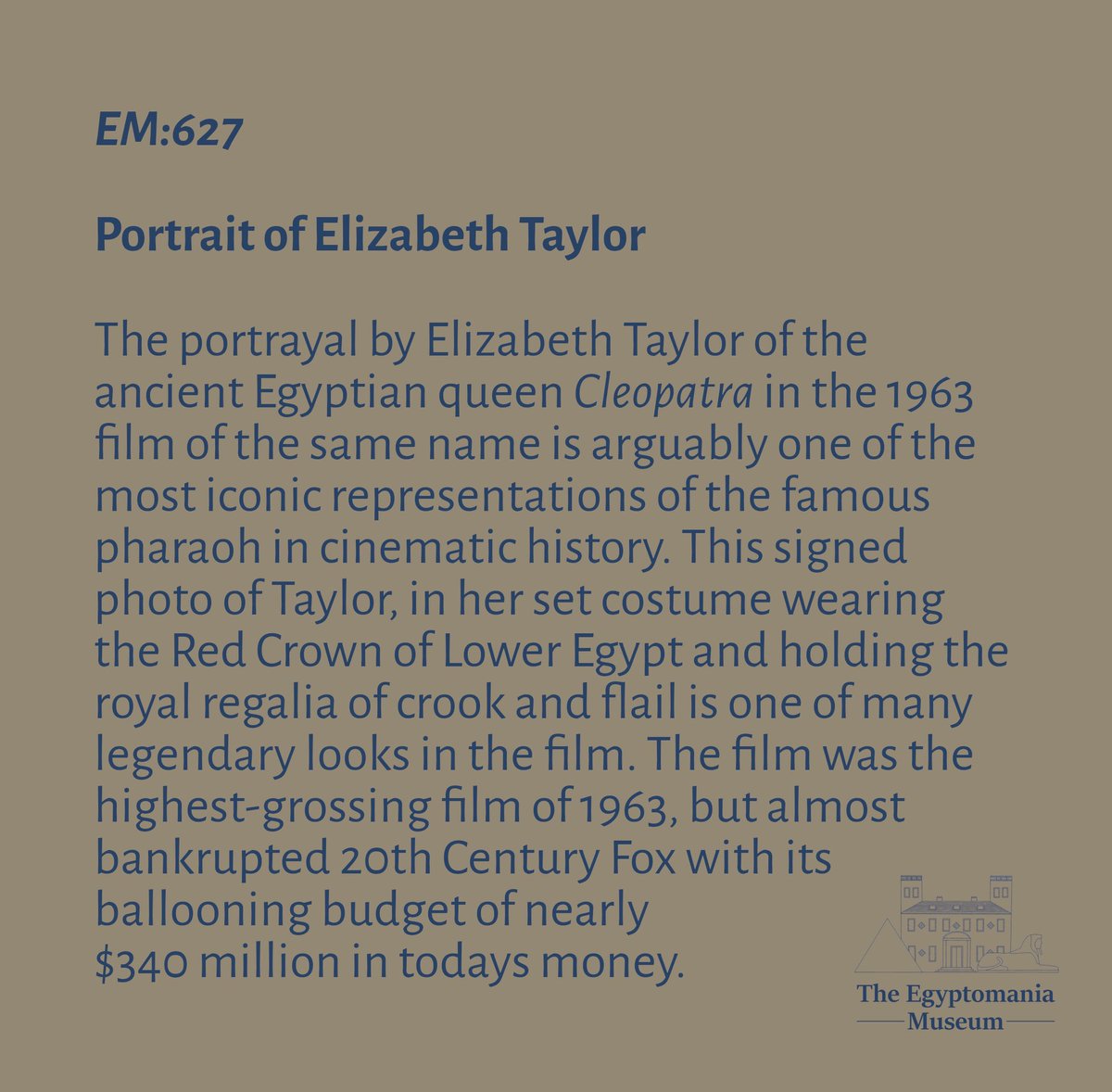 EgyptomaniaMuse's tweet photo. Day 214 of #photoaday 

A signed portrait by Cleopatra herself, well Elizabeth Taylor as Cleo in the 1963 movie!

Now on display at Barnsley Museum in the “Cleopatra and the Queens of Egypt” exhibition 
 
#365days #365daychallenge #365photodaychallenge https://t.co/kxe0eZGmHA