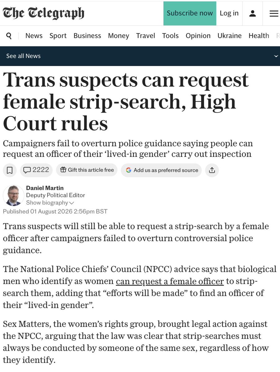 jan_murray's tweet photo. A female NHS employee shared a disturbing story with me.

A colleague asked a patient who identified as a trans woman whether they would prefer a female member of staff to carry out an intimate examination.

The patient said yes.
So she had to do it.

The patient was clearly male - and appeared to be sexually aroused. Both by having his female identity affirmed and by being intimately examined by a woman.

She was left feeling deeply distressed and questioning why her employer had placed her in that position.

What kind of employer subjects female staff to an experience many would reasonably regard as abusive?

The police are facing similar questions.

Link below 👇