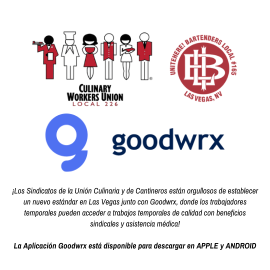 Culinary226's tweet photo. Culinary &amp; Bartenders Unions are proudly setting a new standard in Las Vegas, alongside Goodwrx, where temporary workers can access quality temp jobs w/union benefits and health care!

👤Goodwrx team representatives at Culinary Union HQ:
🗓️ Monday-Friday 
⏰ 8am-12pm &amp; 1–3:30pm https://t.co/91EQRbEg6W