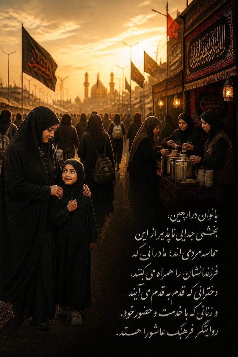 P78887A's tweet photo. بانوان در اربعین، بخشی جدایی‌نا��ذیر از این حماسه مردمی‌اند؛ مادرانی که فرزندانشان را همراه می‌کنند، دخترانی که قدم‌به‌قدم می‌آیند و زنانی که با خدمت و حضور خود، روایتگر فرهنگ عاشورا هستند...
#یا_لثارات_الحسین
#یاتماز_حسینین_پرچمی https://t.co/cBxQqJIsV7