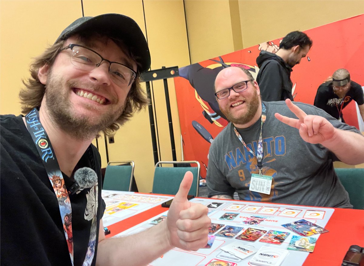 AtrociousJake's tweet photo. Thank you so much to the organizers for inviting me to the @narutotcg_eng Demo event at GenCon as a creator ‼️

This game was SUPER fun 🤪 I have a lot of learning if I want to be Hokage, &amp; found a familiar face as my opponent for the day. 👋👀 https://t.co/XWnBeuTISp