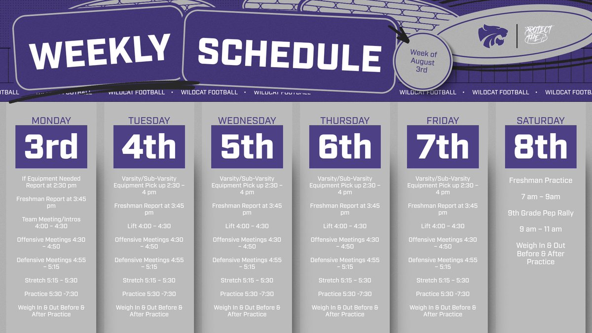 FootballHumble's tweet photo. 🏈 9th FALL CAMP IS HERE! 💜🐾
Week 1 kicks off Tomorrow!

📍Need equipment? Report at 2:30 PM
📍Already have equipment &amp; GREEN? Report at 3:45 PM
Bring your energy, be on time, and be ready to compete. Let's set the standard from Day 1!
 #ProtectTheH #RelentlessPursuit https://t.co/hEkhaXuXgK