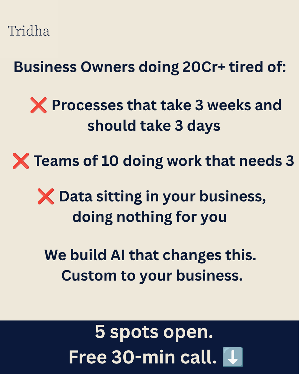 vibhor09947862's tweet photo. Most ₹20Cr+ businesses are running on outdated systems and bloated teams.

We build custom AI solutions that cut the fat — faster processes, leaner teams, data that actually works for you.

Only 5 spots open. Free 30-min consultation call.