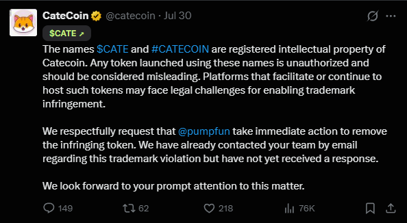 stitchdegen's tweet photo. A lot of people have been asking why $CATE managed to explode in just a few days

So let's break it down

1. A Nearly Perfect Memecoin Narrative

This is the biggest reason

Everything started when Atsuko Sato (the owner of Kabosu, the dog behind the DOGE meme) announced that she had adopted a new cat named Rika-chan

Almost immediately, the Solana community turned it into an incredibly simple narrative :

Doge's sister

Or put another way :

If DOGE became the icon of dog memes, maybe it's finally the cats' turn

The story takes only a few seconds to understand

No utility

No AI

No complicated tokenomics

No roadmap

In memecoins, the simpler the narrative, the easier it spreads

DOGE followed that formula

PEPE did too

And I think $CATE is doing exactly the same

2. A Real-World Spark

Most memecoins create their own lore

$CATE had an advantage

Its narrative came from a real-world event

Atsuko Sato really did adopt a new cat

Of course, she has nothing to do with the token

But that's not the important part

What matters is that the community was given a real story to build around and continue telling

In crypto, narratives connected to real-world events often create much stronger emotional engagement than completely fictional memes

3. The Trademark Drama Turned Into Free Marketing

In my opinion, this was the biggest catalyst

CateCoin on BNB submitted trademark claims to https://t.co/MDT1D8rHCr and several other platforms

The token was temporarily restricted

Normally, that would be bearish

But in memecoins

Bad news often becomes the strongest catalyst

Almost overnight, Crypto Twitter couldn't stop talking about $CATE

Two sides immediately formed

The BNB side

> We've been building since 2021

> We've spent years building this brand

> We own the trademark

The Solana side

> Completely different artwork

> Different branding

> Different website

Only the name and ticker are shared

The result?

Thousands of people who had never even heard of $CATE suddenly wanted to know what was happening

And that's the most valuable asset any memecoin can have :

Attention

4. The Legal Angle

I think it's important to look at this objectively

CateCoin on BNB does have a registered trademark

That's a fact

The real debate is about how far that trademark protection extends

The Solana side argues that the trademark mainly protects CateCoin's branding and logo, rather than automatically preventing every token using the word Cate or the ticker $CATE

Meanwhile, the BNB side believes they have every right to defend a brand they've spent years building

That's also why this drama lasted for days instead of ending immediately

What's interesting is that the market barely seemed to care about who was legally right

Instead, it cared about one thing :

What Crypto Twitter was talking about

5. The "David vs. Goliath" Effect

This is something I don't see many people talking about

Crypto communities often naturally side with the smaller project whenever it appears to be under pressure from an older or more established player

That unintentionally turned $CATE into the story of :

A new meme getting pushed down by an OG project

Whether that's objectively true or not isn't really the point

Psychologically, it's an incredibly powerful narrative

It strengthened community conviction

Encouraged holders to diamond hand

And attracted people who simply wanted to support the underdog

6. An Extremely Strong Community

Even the best narrative eventually dies without a strong community

This is one of the things I like most about $CATE

> Holder count grew rapidly

> Redistribution remained healthy

> Early sellers continued getting absorbed by new buyers

> Telegram voice chats stayed active

> Community leaders remained highly engaged

> Holder conviction stayed surprisingly strong

That told me this wasn't just a KOL-driven pump

The community was genuinely building

7. The KOL Effect

Obviously, KOLs played a major role

After the trademark drama exploded, @PoorGoat_  became one of the key voices amplifying the $CATE narrative. Through a series of posts and discussions, they helped keep $CATE at the center of Crypto Twitter instead of letting the story fade after the initial controversy

As more people joined the discussion, other major KOLs gradually started sharing their own views, creating a snowball effect. Every new mention brought fresh attention, more discussion, and more trading volume

Personally, I don't think KOLs were the original reason $CATE pumped

They simply amplified a narrative that was already gaining momentum

A strong narrative, massive attention, and influential voices talking about the same story almost always create powerful FOMO

8. The Attention Flywheel

In my opinion, this is the biggest reason why $CATE has been able to sustain its momentum

Many memecoins have great narratives but only pump briefly before fading away. $CATE is different because it created an attention flywheel , a self-reinforcing loop where every new catalyst attracted even more attention

It all started with the "Doge's sister" narrative, simple enough for anyone to understand. As the community created memes and spread the story, the trademark drama exploded, turning $CATE into one of the hottest topics on Crypto Twitter. That attention was then amplified by @PoorGoat and other major KOLs, bringing in more retail traders, more volume, and more content, allowing the project to continuously reach new audiences

Attention creates volume. Volume creates more attention. And that attention keeps pulling in fresh capital

To me, that's the difference between a memecoin driven by short-term hype and one that can sustain momentum for days. $CATE wasn't powered by a single catalyst , each new event unintentionally became fuel for the next, keeping the story alive instead of fading away like most memecoins

9. Strong Price Action Despite the FUD

This is probably my favorite part

Normally, when a token faces legal issues or platform restrictions, panic selling follows

$CATE reacted very differently

After the initial pullback

Buyers stepped in almost immediately

Volume kept increasing

Holder count continued growing

The community never stopped building

That told me the market was trading attention, not FUD

10. Final Thoughts

In my opinion, $CATE didn't pump simply because of KOLs or because someone adopted a cat

It exploded because multiple catalysts aligned at the perfect moment :

> An incredibly simple narrative: "Doge's sister"

> A real-world event that made the story feel authentic

> Trademark drama that unintentionally turned the project into one of Crypto Twitter's biggest talking points

> @PoorGoat_  and other major KOLs amplified the narrative after the drama

> A rapidly growing community with strong conviction

> A powerful attention flywheel that kept reinforcing itself

And perhaps most importantly :

Memecoins rarely trade based on who's objectively right or wrong

The market doesn't reward the project with the strongest legal argument

It rewards the project with the strongest attention

At this moment, I think that's exactly why $CATE has become one of the hottest narratives on Solana

Ai66LHZG9MCzg1WKdawwqduVAXpNDUuV8M3uyq5ppump
