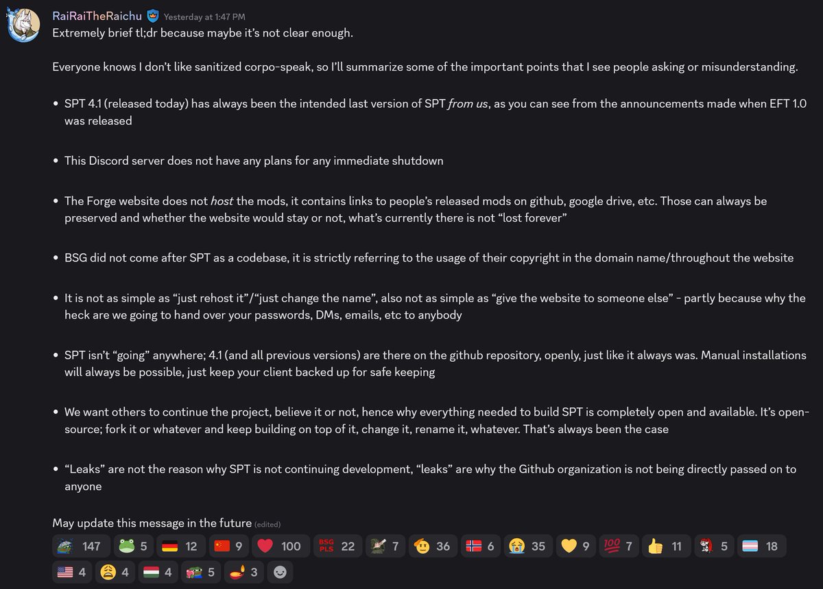 dubstepmachine0's tweet photo. @TheIshikawaRin For anybody wondering why the SPT developers decided to shut down the entire project over this, I'm guessing it's because they planned their current version of SPT (4.1) to be the final official version from them anyways. https://t.co/2CT8LUzPSM