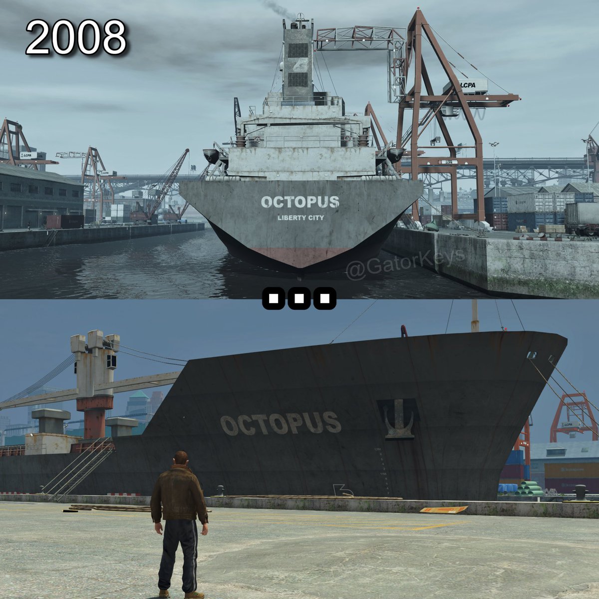 theGatorKeys's tweet photo. The Octopus ship seen docked in both GTA 4 in 2008, and GTA 5 in 2013… https://t.co/H8RWDhuvs3