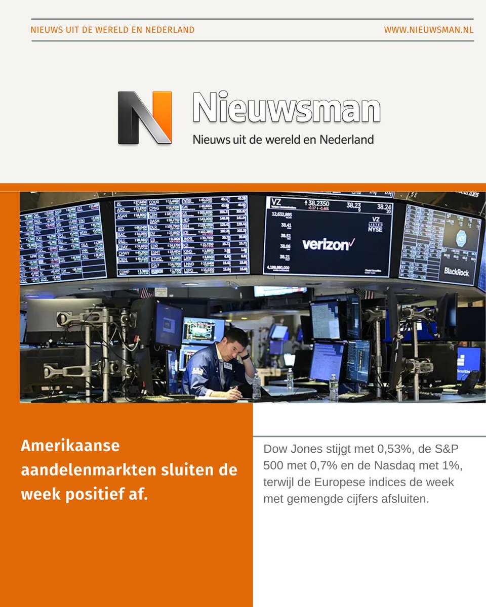Nieuws_man's tweet photo. Amerikaanse aandelenmarkten sluiten de week positief af. https://t.co/JPel99UdLJ
