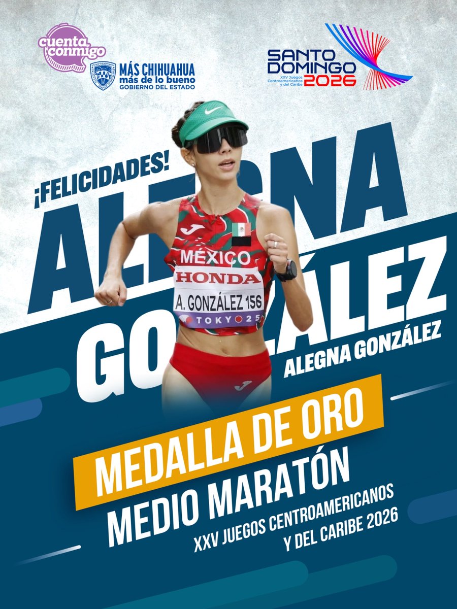 MaruCampos_G's tweet photo. Alegna, gracias por seguir escribiendo una historia que llena de orgullo a Chihuahua. 💙🥇

Felicidades por conquistar la medalla de oro en el medio maratón de los Juegos Centroamericanos y del Caribe 2026.

Gracias por las alegrías que nos has regalado a lo largo de tu carrera y por inspirarnos con tu disciplina, tu constancia y el orgullo con el que representas a México en cada competencia.

Hoy todo Chihuahua celebra contigo. Sigue soñando en grande; sabes que cuentas conmigo. ¡Muchas felicidades! 🇲🇽