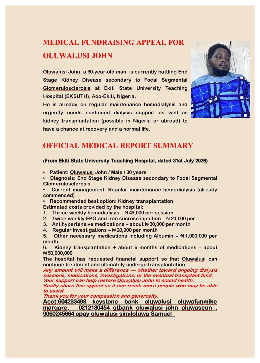 temitopewende's tweet photo. Pls help a childhood friend of mine Seun 🙏
He’s in urgent need of funds for [his medical bills / surgery / treatment].
Every naira counts.
@Wizarab10 @bossolamilekan1 @Ekitipikin @BETFUSE1 @DONJAZZY @funkeakindele @Mrbankstips @mrbayoa1 @mrmacaroni https://t.co/VPvr4dpxPP
