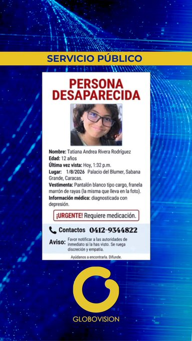 ReporteYa's tweet photo. #2Ago #Venezuela #Caracas #Desaparecida
Buscan a Tatiana Andrea Rivera Rodríguez, de 12 años, vista por última vez el #1Ago en Sabana Grande, Caracas. Requiere medicación. Cualquier información puede ser reportada al 0412-9344822. – Globovisión https://t.co/7EaWnu1QXq