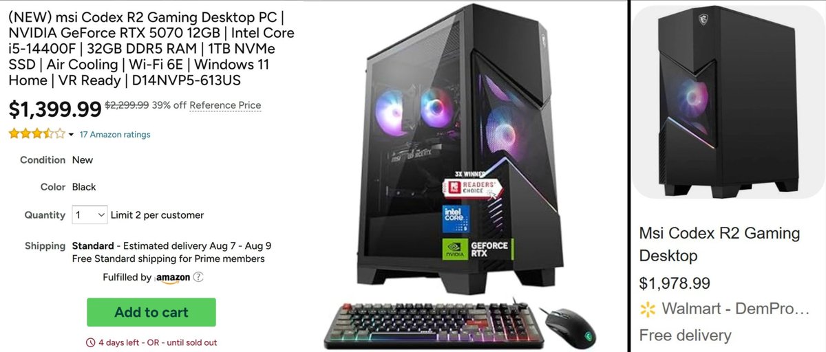 Pricerrors's tweet photo. This RTX 5070 Gaming PC is now $900 OFF

Now $1,400 (reg $2,300) - shipped by Amazon

https://t.co/69lVbq8oTZ #ad

Includes 32GB DDR5 RAM, RTX 5070, i5, 1TB SSD ~ $2,000 at Walmart

Around self-build cost, but with one warranty instead of one per part https://t.co/C4e0o76fY5