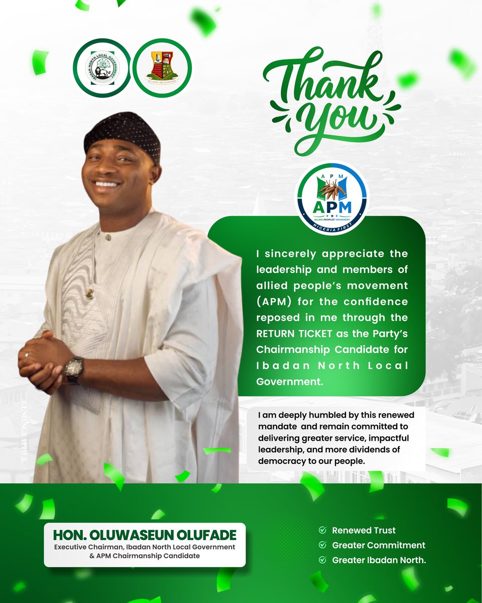 Chairman_IBNLGA's tweet photo. Adopted by consensus. Driven by purpose. Thank you APM for this renewed mandate together, we'll take Ibadan North to greater heights. 🙏🏾

#OlufadeAgain #IbadanNorth #APM2026 https://t.co/cZUFmuurXL