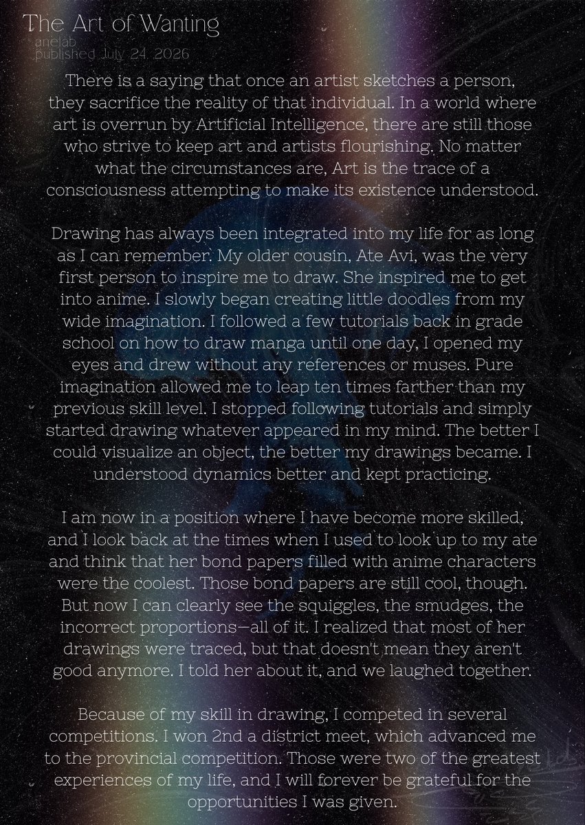 anemlab's tweet photo. 🪼
The Art of Wanting
By: anelab
Published: July 24, 2026

This was originally an assignment where I used a certain someone as my muse. 

#au #prompt #vent #rant #thoughts #relatable #admiration #thoughts #relationship #talkingstage #ph #filo #writer #author #love #yearning https://t.co/yzO4BKhdF9