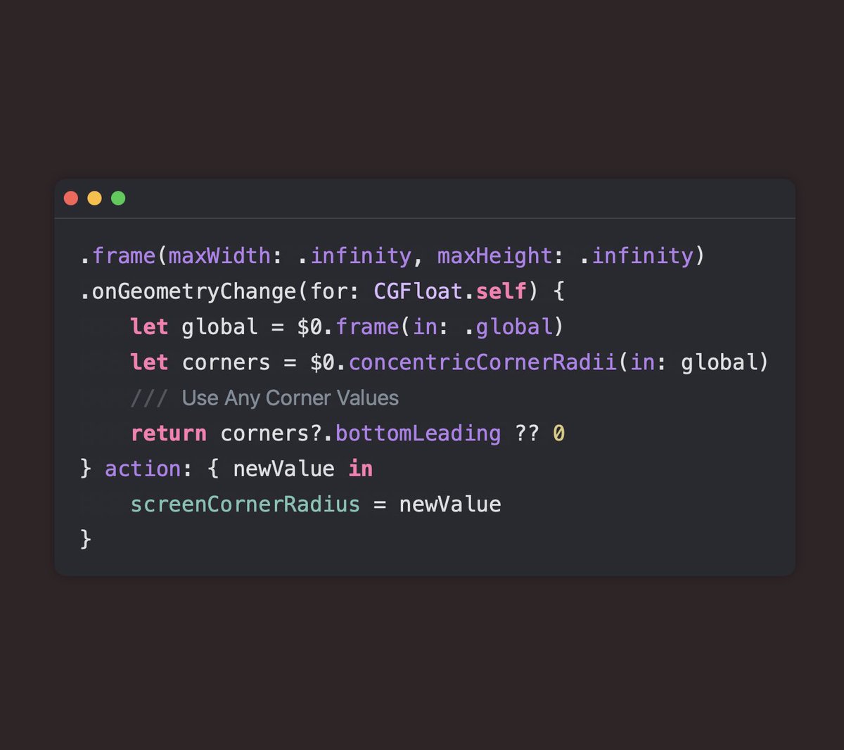 _Kavsoft's tweet photo. iOS 27 introduced a new property called “concentricCornerRadii" for “GeometryProxy”. 

This means you can now use “GeometryReader” or “onGeometryChange” to obtain the Concentric Corner Radius values directly.

NOTE:
This also implies we can now use this property to access the screen corner radius directly.