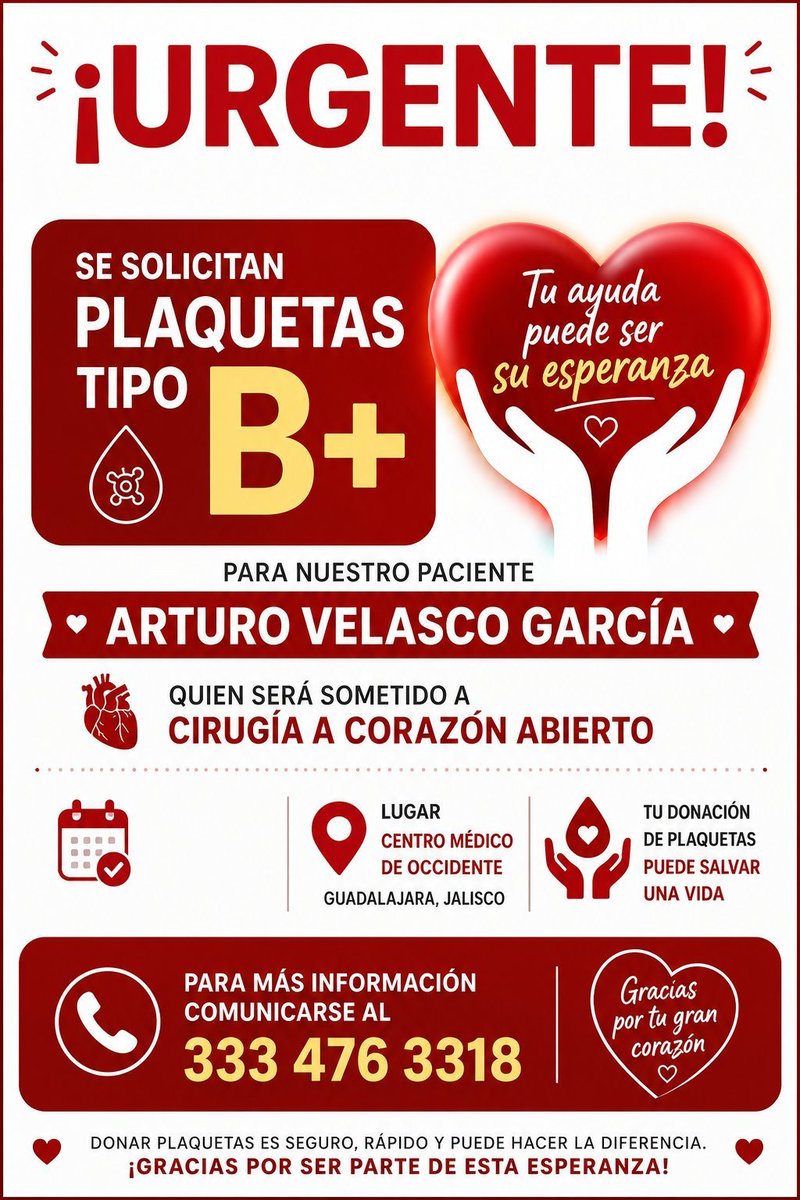 donaenvida's tweet photo. #URGENTE #Guadalajara #Jalisco #Plaquetas #Sangre tipo B+ para Arturo Velasco García en el Centro Médico de Occidente.
Contactar al: 333 476 3318.

#DonaEnVida https://t.co/HfMdKOB4fv