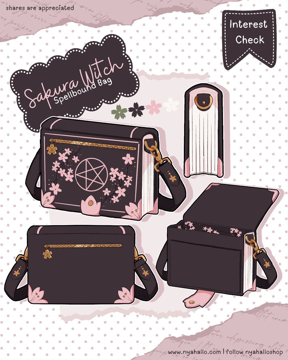 NyahalloShop's tweet photo. Interest check time! 🌸 Here comes the Sakura Witch Spellbook Bag! Designed to look like a magical spellbook, it features embroidered cherry blossoms, a pentagram emblem, page-inspired sides, and a hidden front pocket for your everyday essentials 📖

Would you carry this? Let us know what you think in the comments! 💕