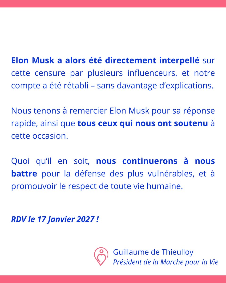 MarchePourLaVie's tweet photo. 🔴 Communiqué de notre président suite à la suspension et à la réhabilitation de notre compte X. https://t.co/R9gq6jhH0V