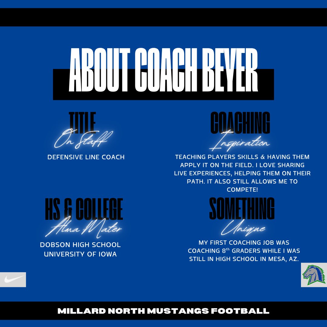 MillardNorthFB's tweet photo. Meet the 2026 Millard North Football Staff!
This week - Coach Calder & Coach Beyer who both work with the boys up front!!!
#CodeBlue https://t.co/SFQiiwdh5Q
